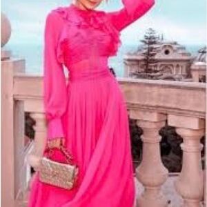 Self-portrait Fuchsia Sheer Long Sleeve Chiffon Midi Dress (See desc) Size 2
